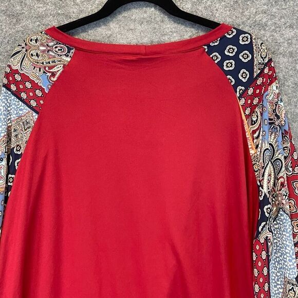 EMERALD Top 3XL Red Rayon Blend Patchwork Long Balloon Sleeve Raglan Blouse EUC - Picture 10 of 14
